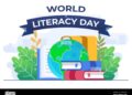International Literacy Day flat vector illustration banner with books ...