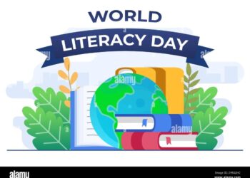 International Literacy Day flat vector illustration banner with books ...