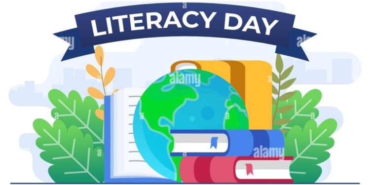 International Literacy Day flat vector illustration banner with books ...